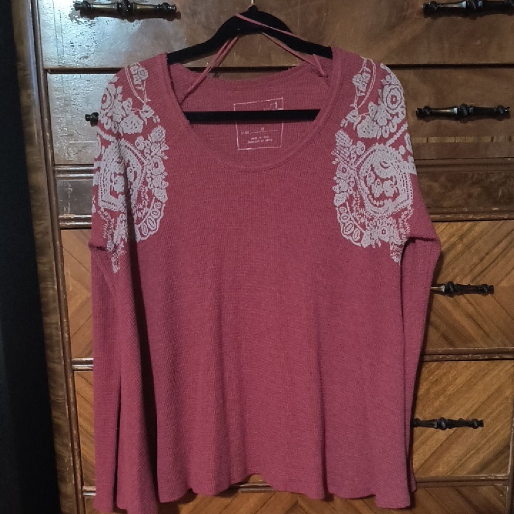 We The Free Rust Long Sleeve Knit with Cream Lace Shoulders
